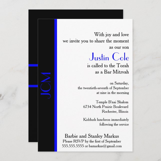 Invitation Monogramme Blue Black Bar Mitzvah (Devant / Derrière)