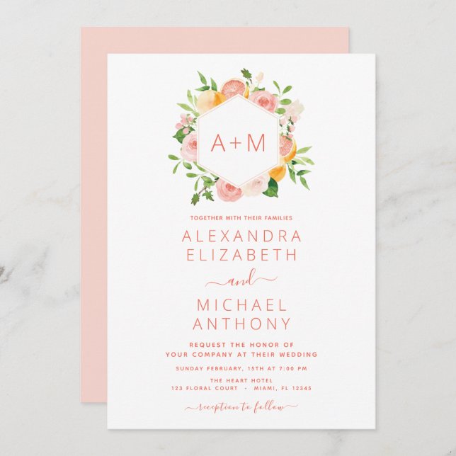 Invitation Monogramme Blush Pink Citrus Floral Mariage Invita (Devant / Derrière)