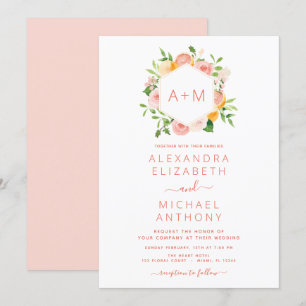 Invitation Monogramme Blush Pink Citrus Floral Mariage Invita