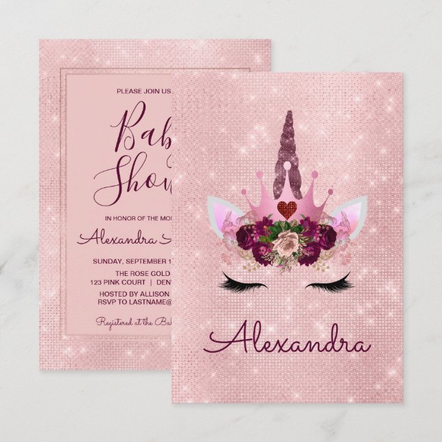 Invitation Monogramme Blush Pink Sparkle Unicorn Baby shower (Devant / Derrière)