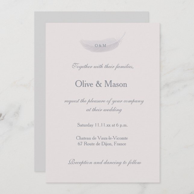 Invitation Monogramme Blush rose Gris Plumes Élégant Mariage (Devant / Derrière)