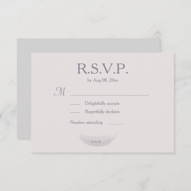 Invitation Monogramme Blush rose Gris Plumes Mariage RSVP (Devant / Derrière)