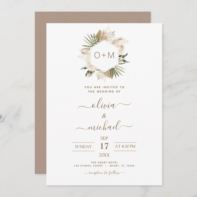 Invitation Monogramme Boho Tropical Pampas Grass Mariage Invi (Devant / Derrière)