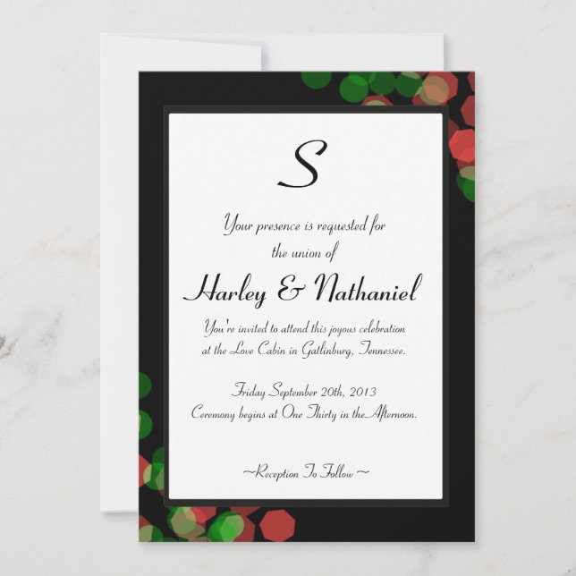 Invitation Monogramme Bokeh Rouge et Vert (Devant)
