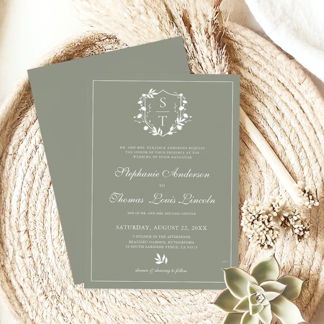 Invitation Monogramme botanique Crest Sage Vert Mariage (Créateur téléchargé)