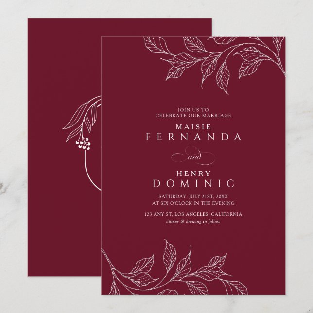 Invitation Monogramme Botanique Mariage Moderne Bordeaux (Devant / Derrière)