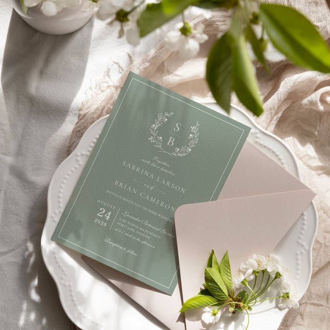 Invitation Monogramme botanique Mariage vert Sage de couronne (Créateur téléchargé)
