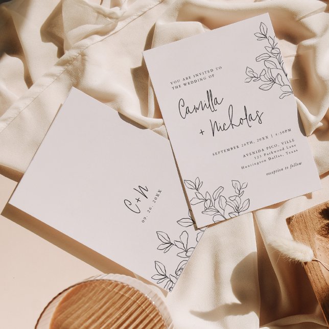 Invitation Monogramme botanique simple Mariage noir et blanc (Créateur téléchargé)