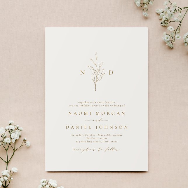 Invitation Monogramme botanique simple or mariage rustique (Gold simple botanical monogram rustic wedding invitation)