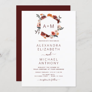 Invitation Monogramme Bourgogne Floral Mariage