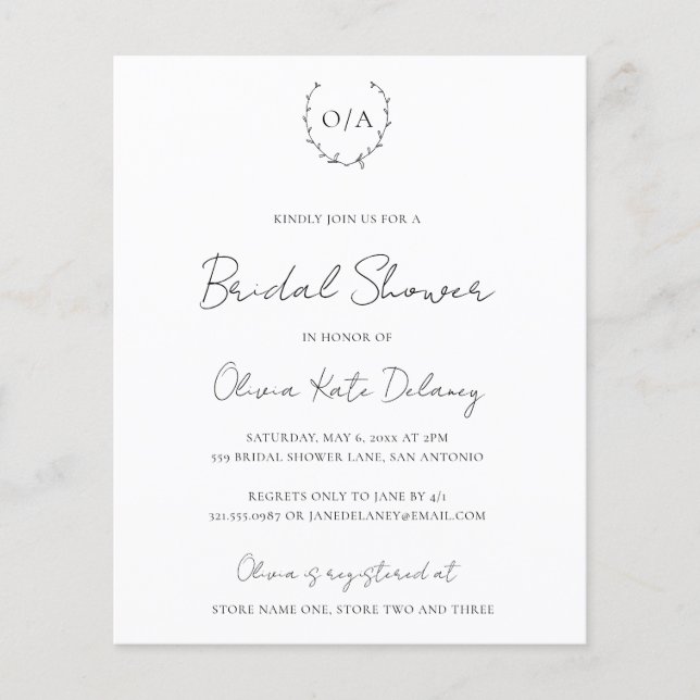 Invitation Monogramme Budget Douche nuptiale (Devant)