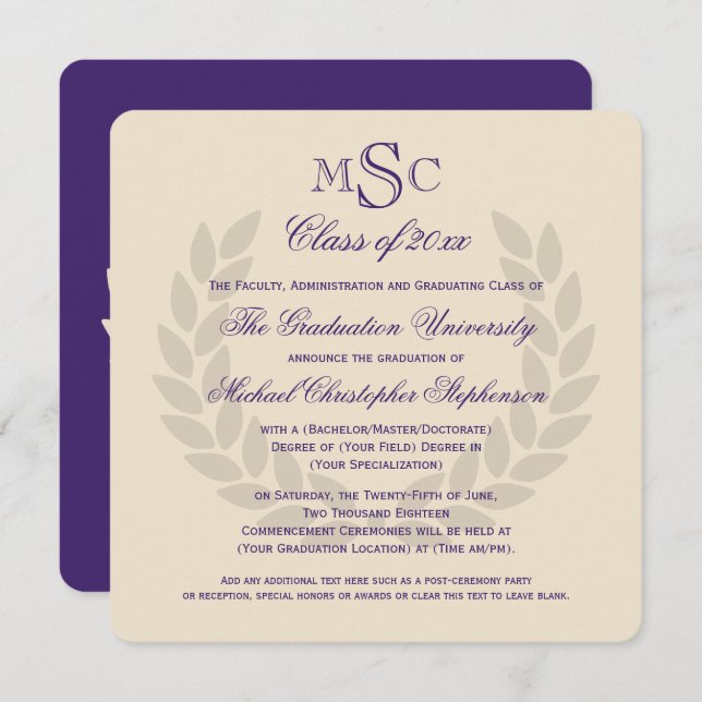Invitation Monogramme Carré Classic Purple College Graduation (Devant / Derrière)
