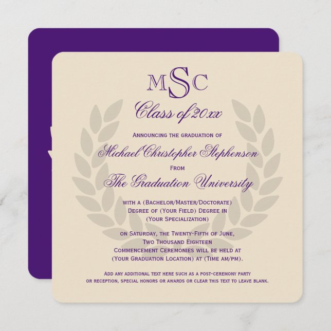 Invitation Monogramme Carré Classic Purple College Graduation (Devant / Derrière)