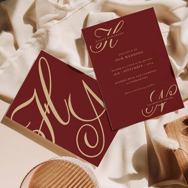 Invitation Monogramme chic moderne Bourgogne et Mariage or (Créateur téléchargé)