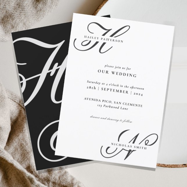 Invitation Monogramme chic moderne Mariage noir et blanc (Créateur téléchargé)