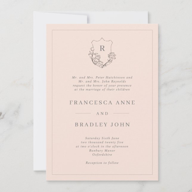 Invitation Monogramme classique Blush Jasmine Crest Mariage (Devant)