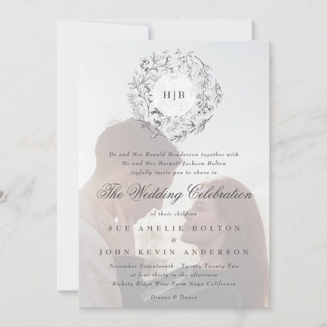 Invitation Monogramme Classique Botanique Florales Mariage (Devant)