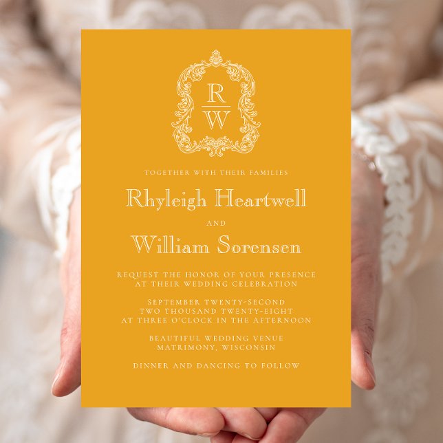 Invitation Monogramme classique Crest Marigold Jaune Mariage (Créateur téléchargé)
