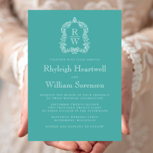 Invitation Monogramme classique Crest Turquoise Mariage