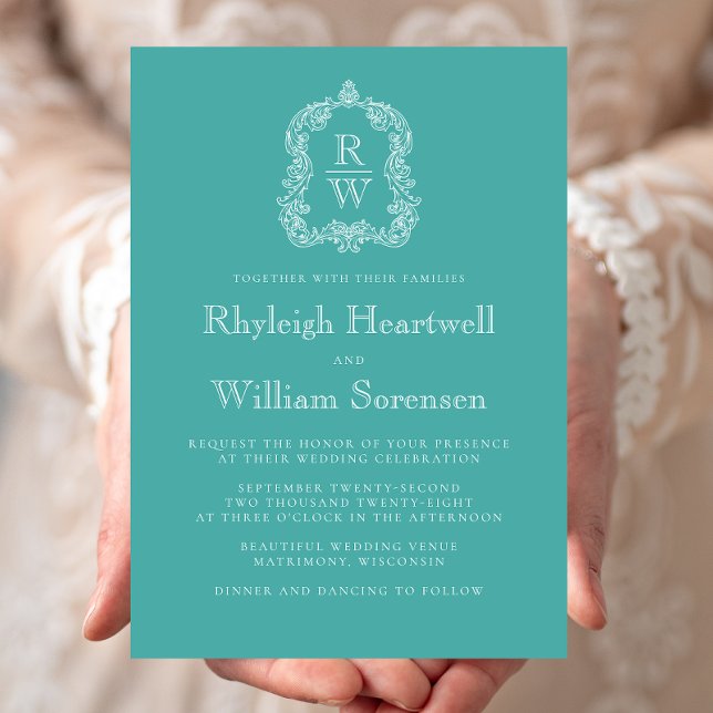 Invitation Monogramme classique Crest Turquoise Mariage (Créateur téléchargé)