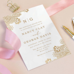 Invitation Monogramme classique dentelle or Mariage de crème
