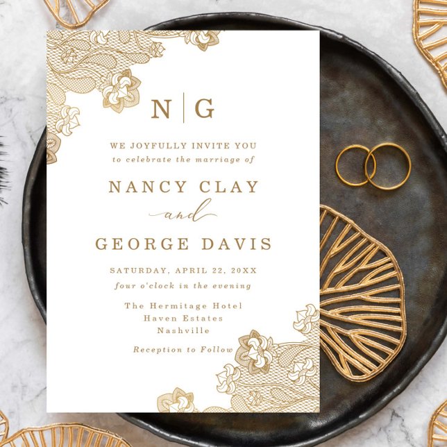 Invitation Monogramme classique dentelle or Ornate Mariage bl (Créateur téléchargé)