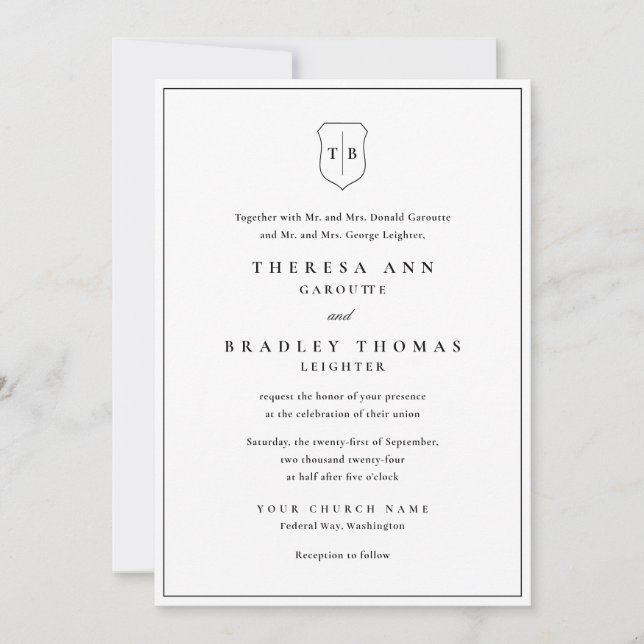 Invitation Monogramme classique élégant Mariage de crête noir (Devant)