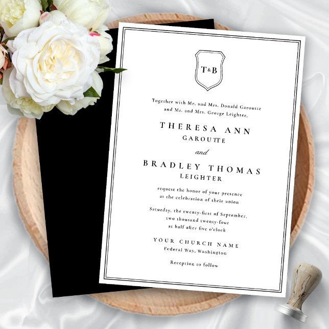 Invitation Monogramme classique élégant Mariage de crête noir (Classic Elegant Mongram Black Crest Wedding Invitation)