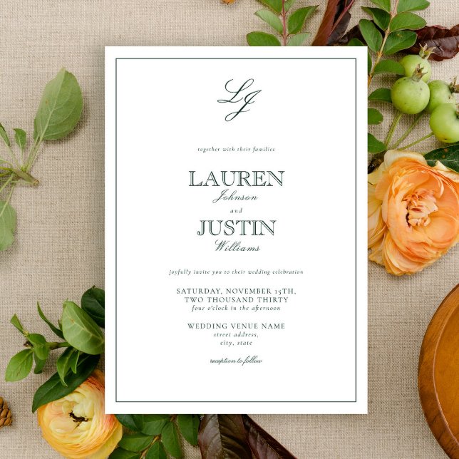 Invitation Monogramme classique Emerald Green Calligraphie Ma (Créateur téléchargé)