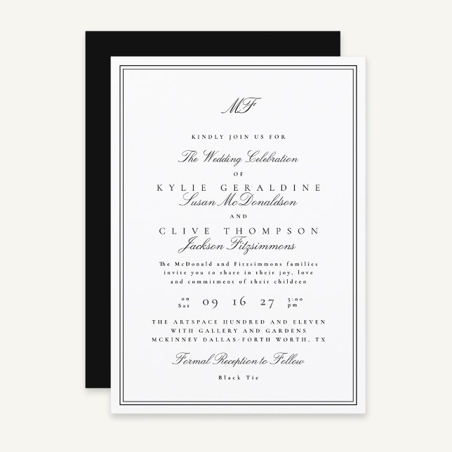 Invitation Monogramme classique encadré officiel Mariage noir (Créateur téléchargé)