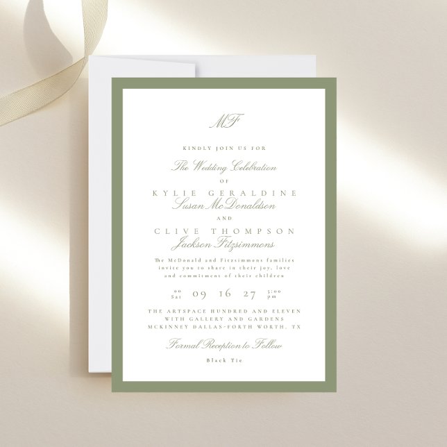 Invitation Monogramme classique encadré officiel Mariage vert (Créateur téléchargé)
