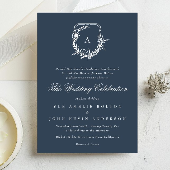 Invitation monogramme classique mariage de crête bleu marine (Créateur téléchargé)