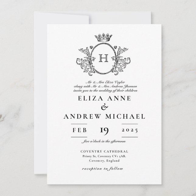 Invitation Monogramme classique Mariage noir et blanc (Devant)