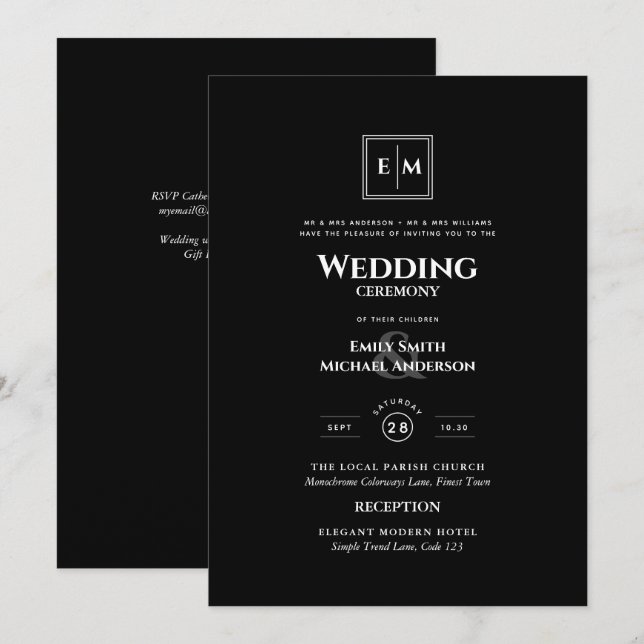 Invitation Monogramme classique Mariage officiel noir tout en (Devant / Derrière)