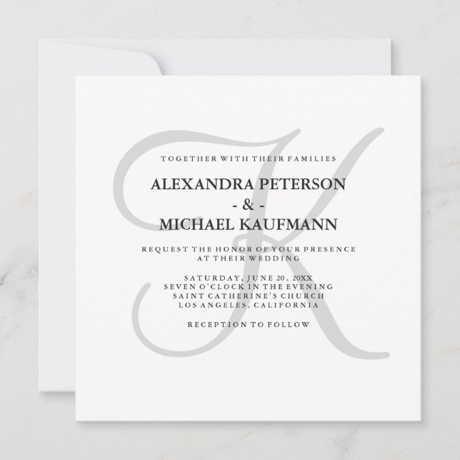 Invitation Monogramme classique moderne en Mariage gris (Devant)