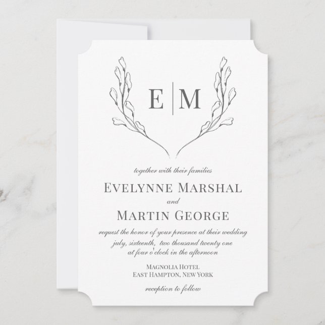 Invitation Monogramme classique noir blanc Mariage floral (Devant)