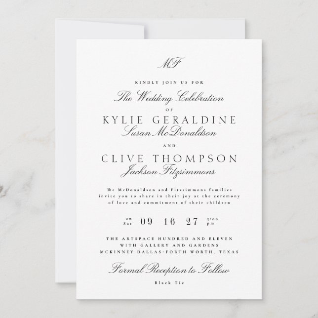 Invitation Monogramme classique noir Mariage blanc (Devant)