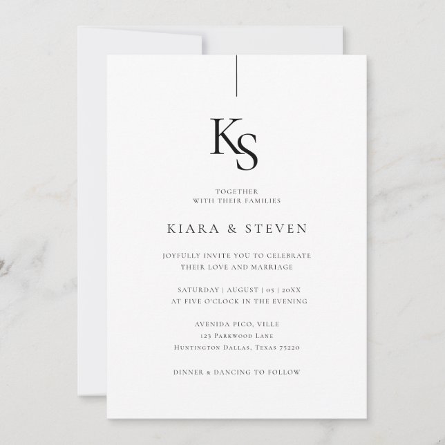 Invitation Monogramme classique simple | Mariage noir et blan (Devant)