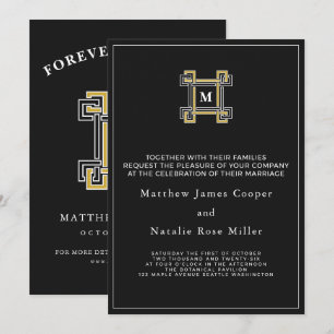 Invitation Monogramme Clé Grecque Luxe Noir Or