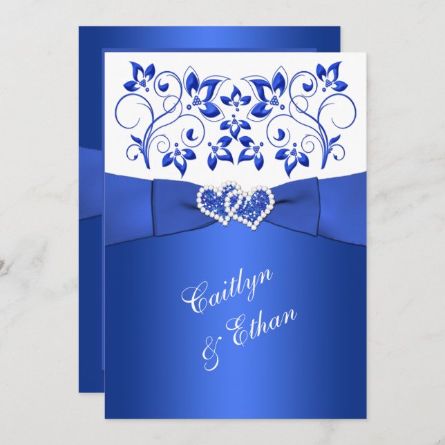 Invitation Monogramme Cobalt Bleu, Blanc Floral Mariage Invit (Devant / Derrière)