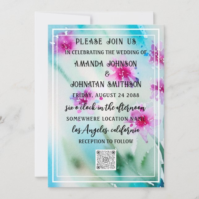 Invitation Monogramme Code QR photo personnalisé bleu prairie (Devant)