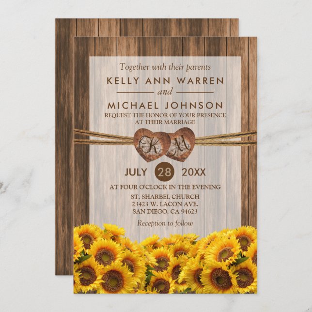 Invitation Monogramme Coeurs en bois avec des tournesols de c (Devant / Derrière)