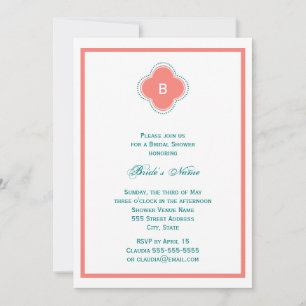 Invitation Monogramme Coral rose et Mariage Quatrefoil Turquo