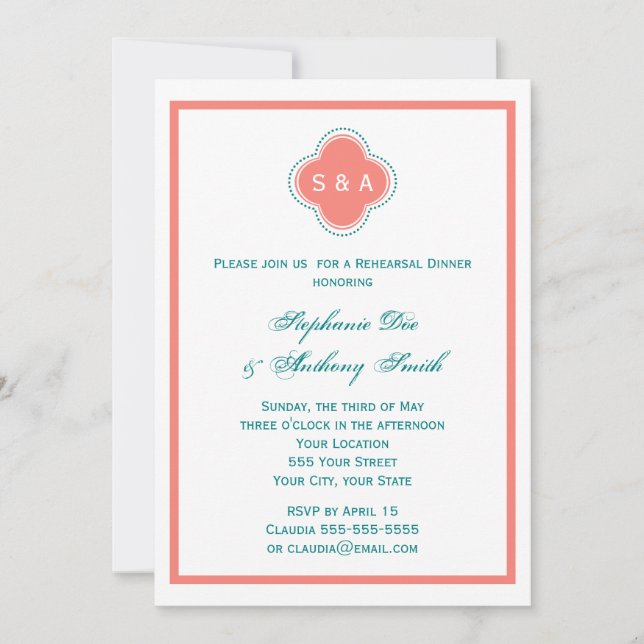 Invitation Monogramme Coral rose et Mariage Quatrefoil Turquo (Devant)