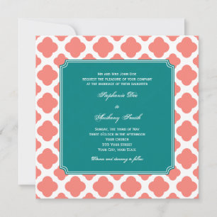 Invitation Monogramme Coral rose Quatrefoil Motif avec Turquo