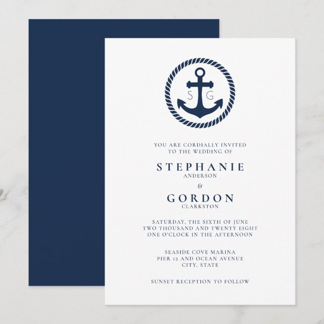 Invitation Monogramme côtier minimal Mariage nautique (Devant / Derrière)