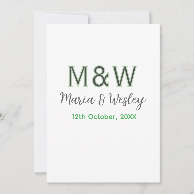 Invitation Monogramme couple gris vert moderne romantique dat (Devant)