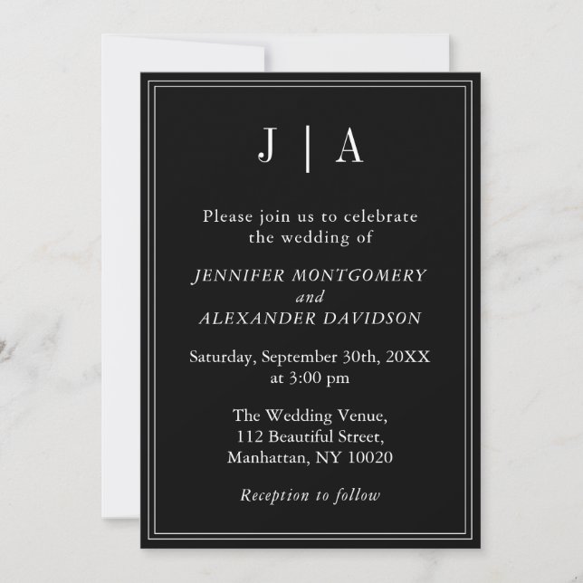 Invitation Monogramme Couple Nom Moderne Simple Noir Et Blanc (Devant)