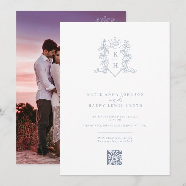 Invitation Monogramme couronne blanc argent mariage QR code (Devant / Derrière)