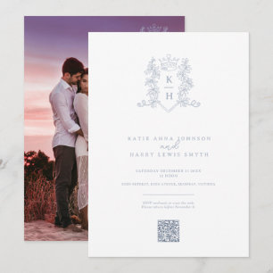 Invitation Monogramme couronne blanc argent mariage QR code